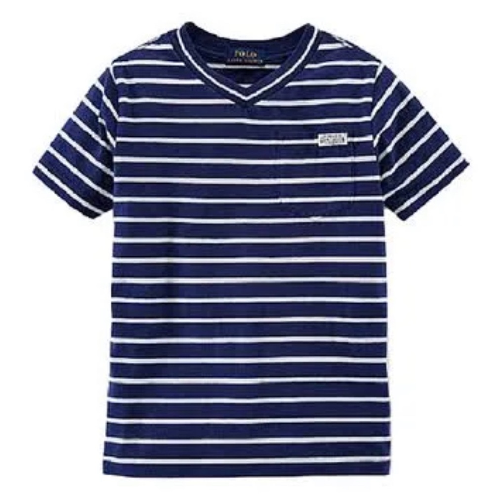 POLO RALPH LAUREN TODDLER STRIPED V-NECK T-SHIRT WITH 1967 POCKET LOGO SIZE 4/4T